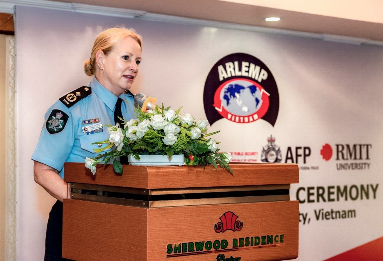 AFP Assistant Commissioner Deborah Platz, National Manager Crime Operations, addresses ARLEMP49, themed on Child Sexual Exploitation, in June 2019.